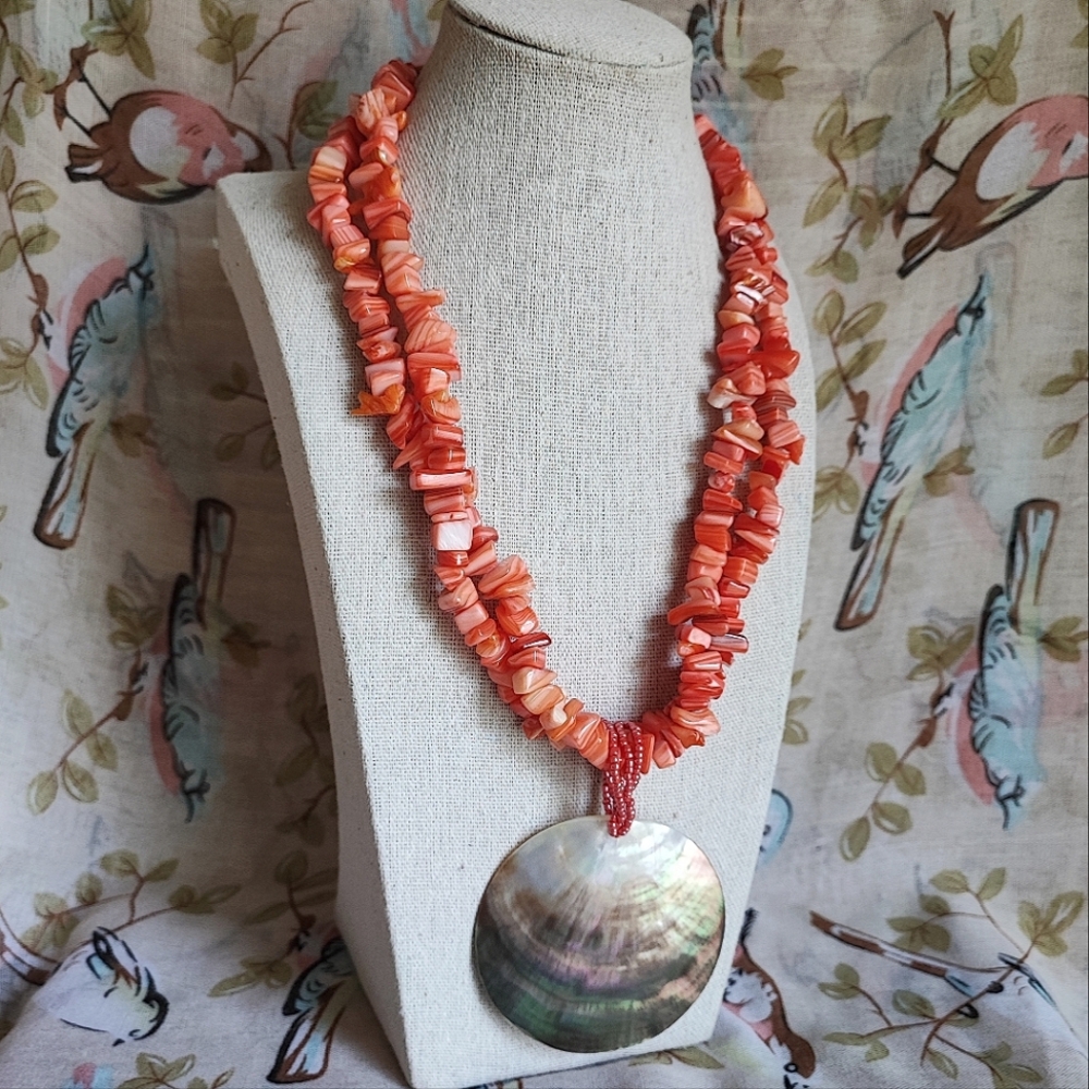 Abalone Medallion Stone? Shell? Coral? Beaded Vintage Dual Strand Heavy Necklace